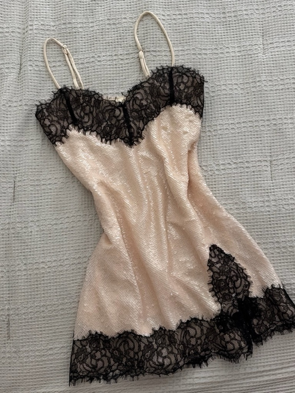 Gianni Bini Champagne Slip Dress with Black Lace Trim
